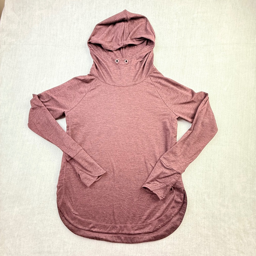 Athleta Womens Small Heathered Burgundy Hooded Long Sleeve Top Thumbholes